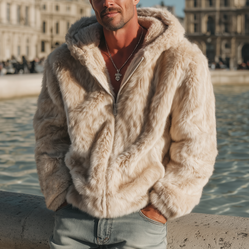 Men's Urban Beige Velvet-Soft Plush Faux Fur Hooded Jacket MTA0751K7U