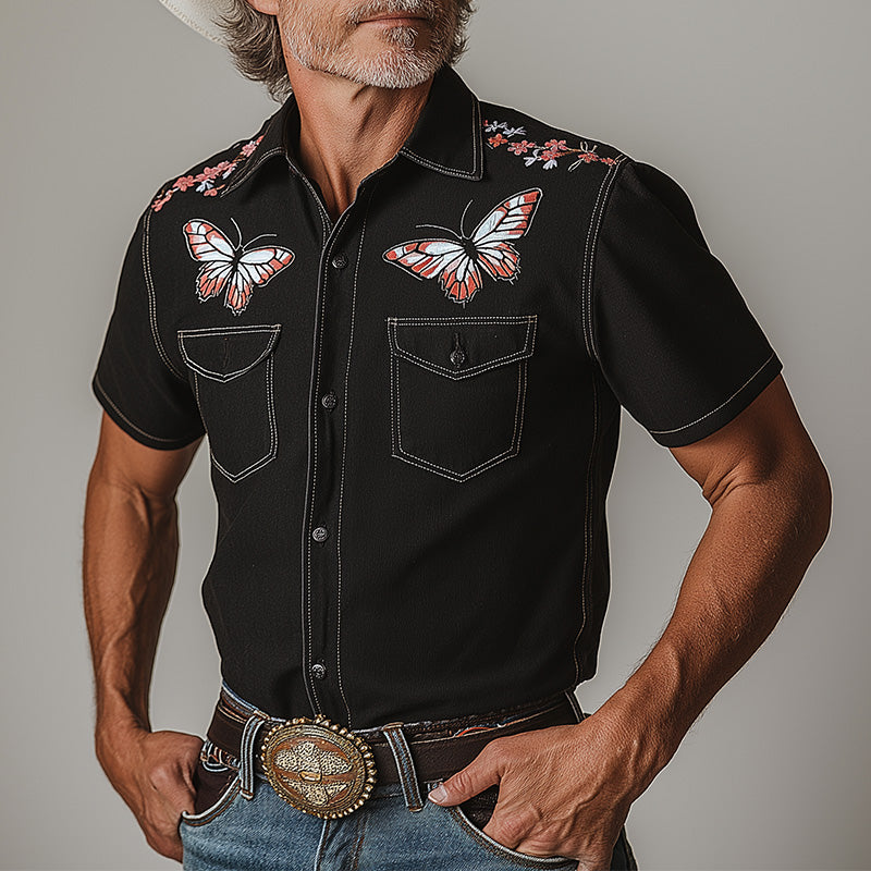 Men's Summer Western Cowboy Style Embroidered Casual Short-Sleeved Shirt MTA1470E7P