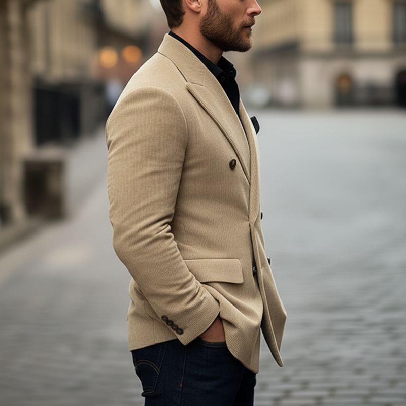 Men's Classic Business Light Khaki Corduroy Double-breasted Double-vent Blazer MTA0495K3U