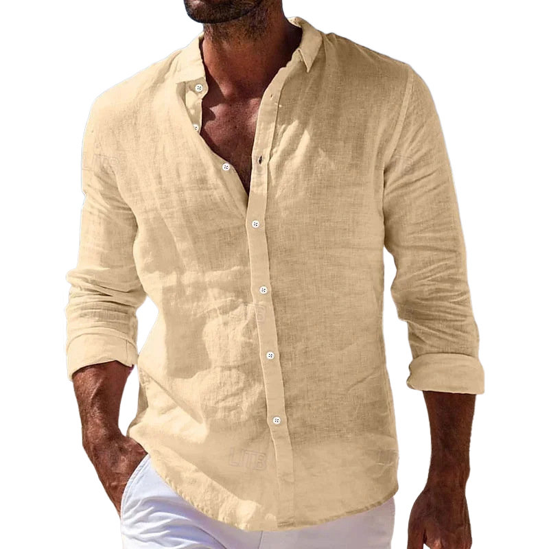 Men's Cotton And Linen Breathable Solid Color Casual Long-sleeved Shirt MTA1945G7X