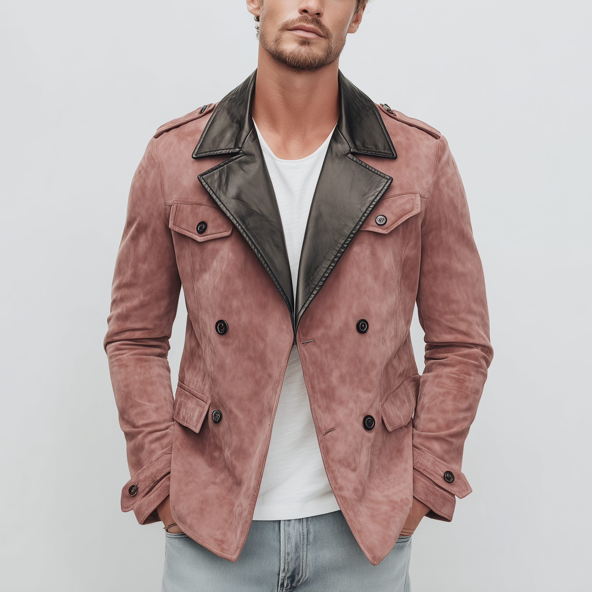 Men's Classic Casual Lapel PU Leather Double-breasted Pink Suede Multi-pocket Jacket MTA0225I4K