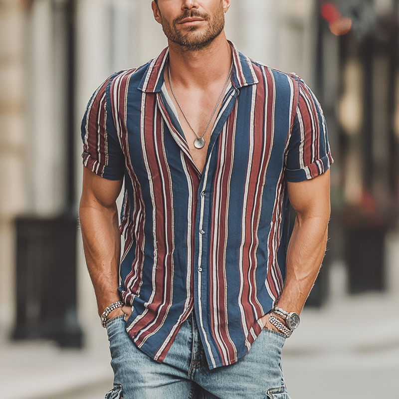 Men's Summer Cotton Blend Fashion Stripe Print Short Sleeve Shirt MTA1402G1P