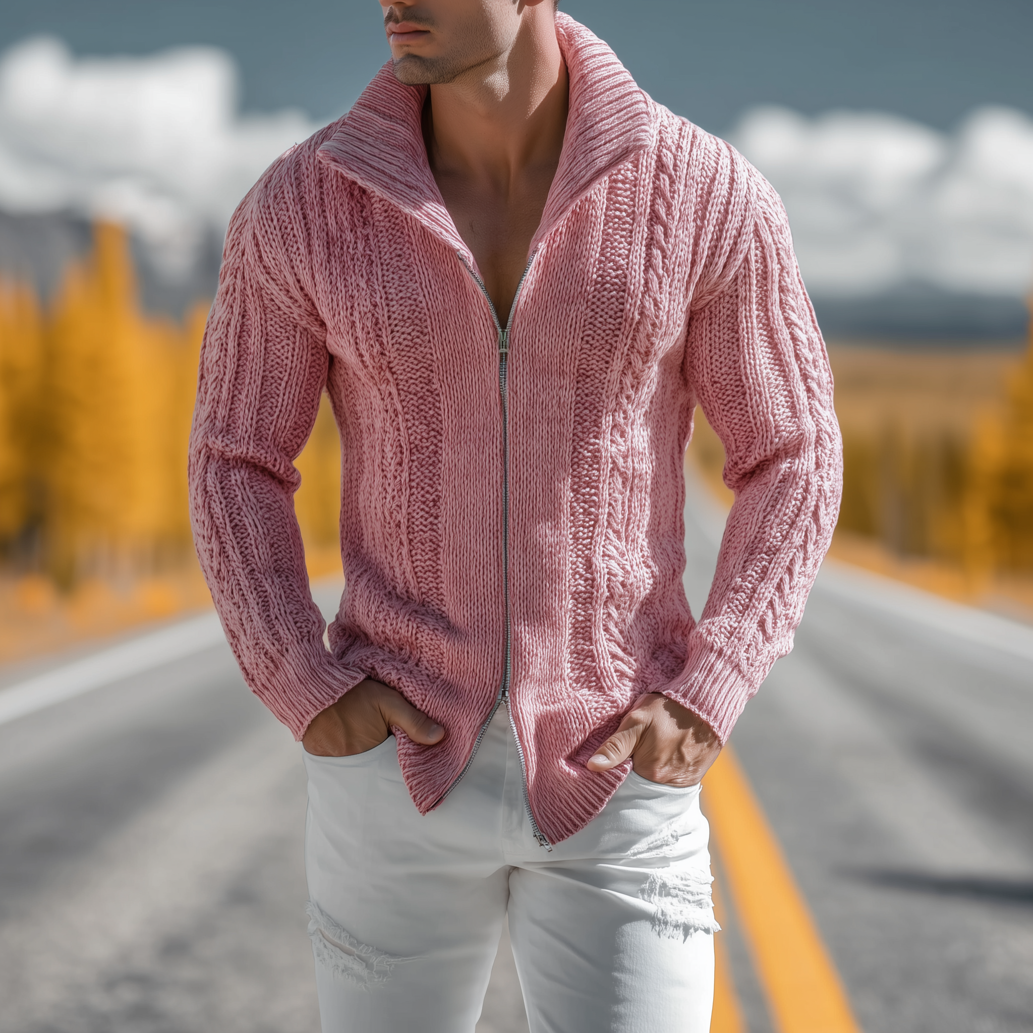 Men's Classic Casual Western Tough Style Stand Collar Zipper Slim Pink Knit Cardigan MTA0851I0K