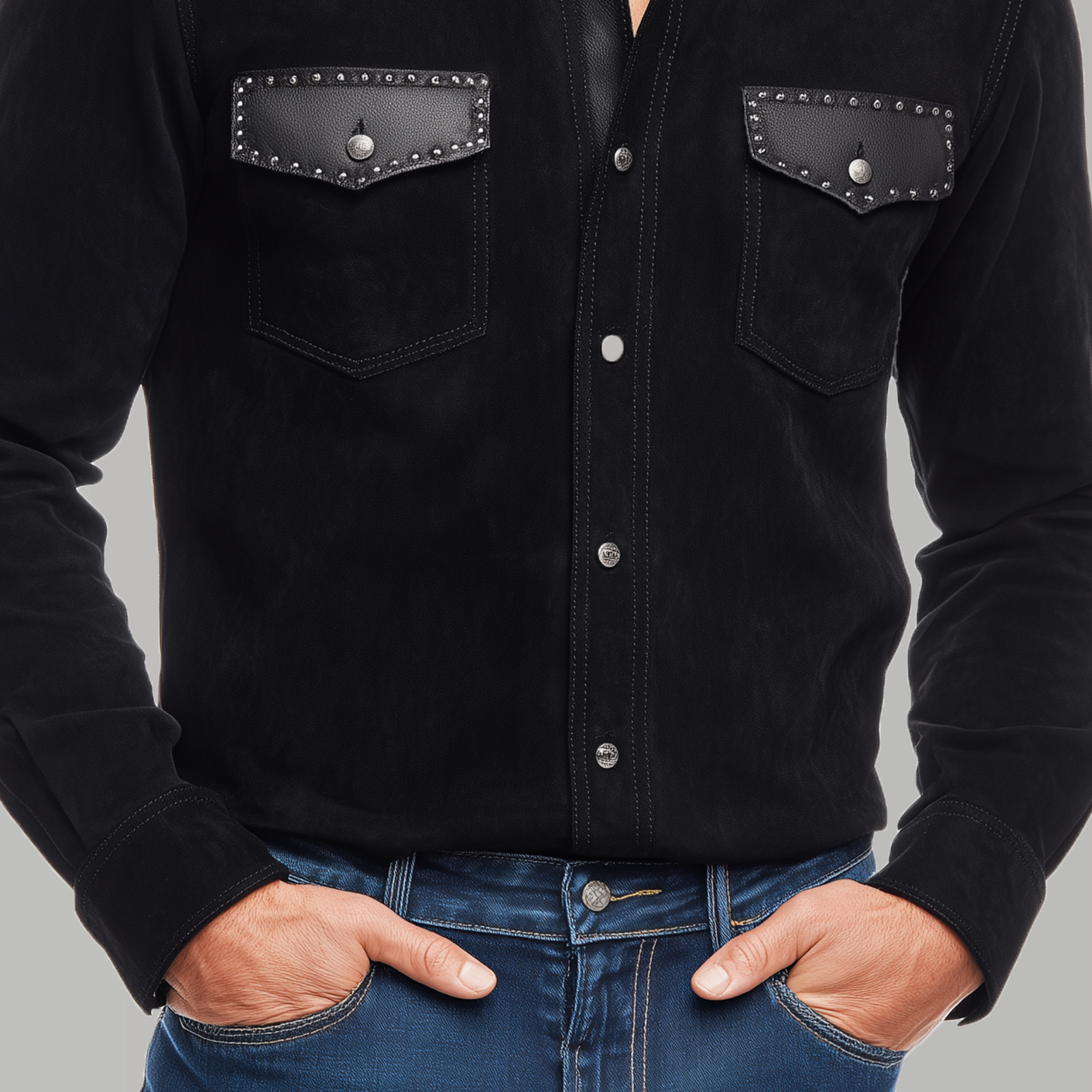 Men's Classic Retro Western Cowboy Style Suede Stitching PU Leather Metal Rivet Decorated Long Sleeve Shirt MTA0609H9K