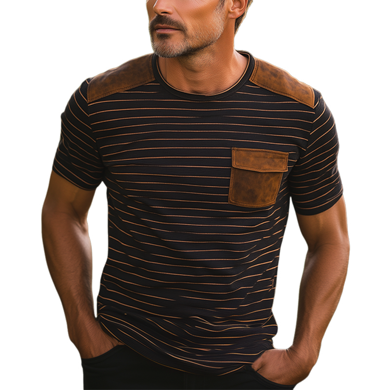 Men's Classic Striped PU Leather Crew Neck T-Shirt MTA2124F7U