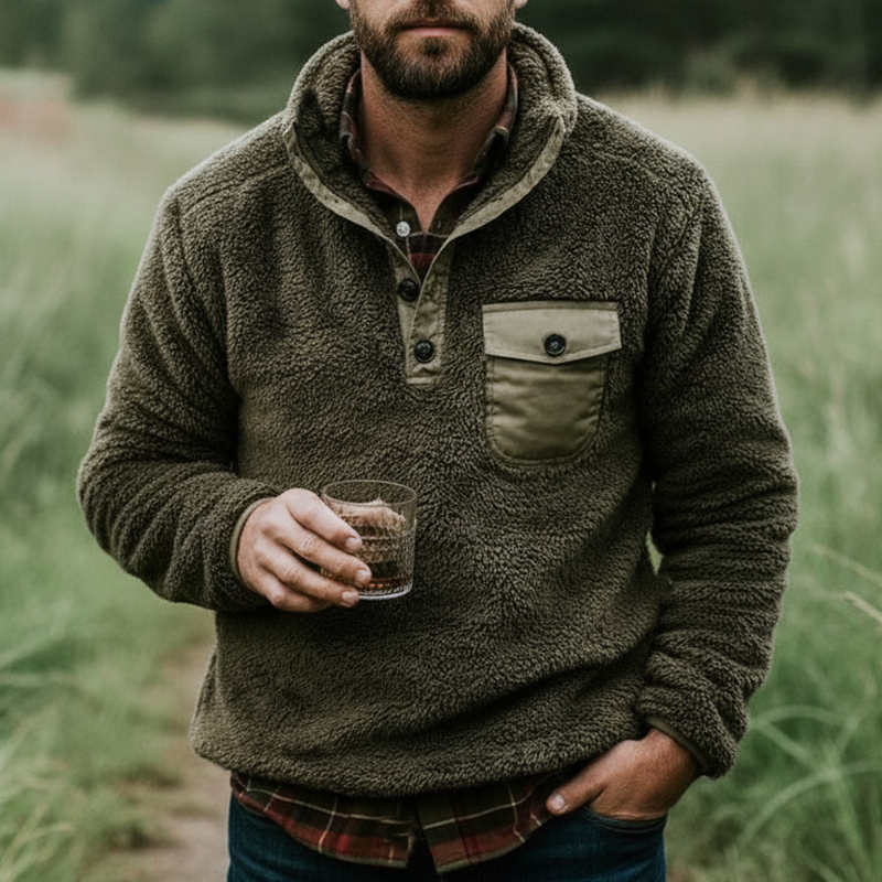 Men's Urban Army Green Stand Collar Sherpa Pullover Sweatshirt MTA1776K6U