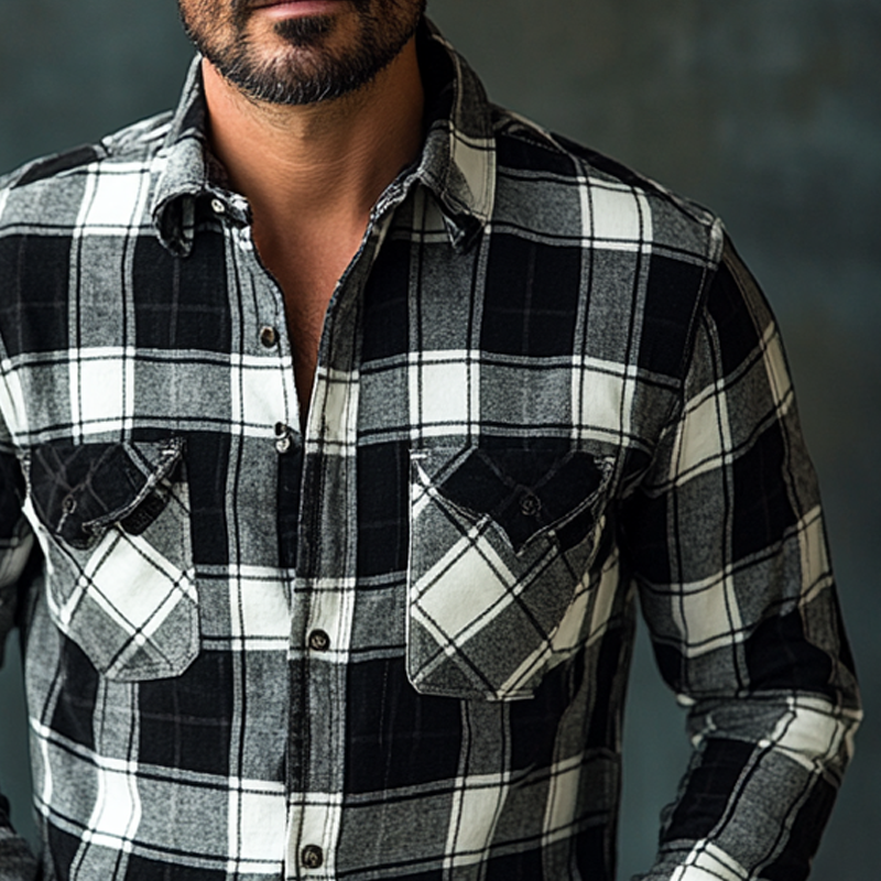 Men's Flannel Plaid Lapel Button-down Long-sleeved Shirt MTA2953J0X