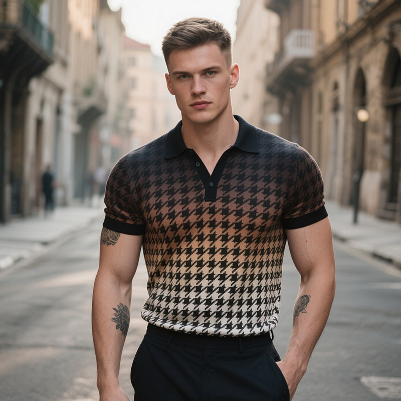 Men's Retro Casual Houndstooth Gradient Print Short-Sleeved Polo Shirt MTA2036E2TO