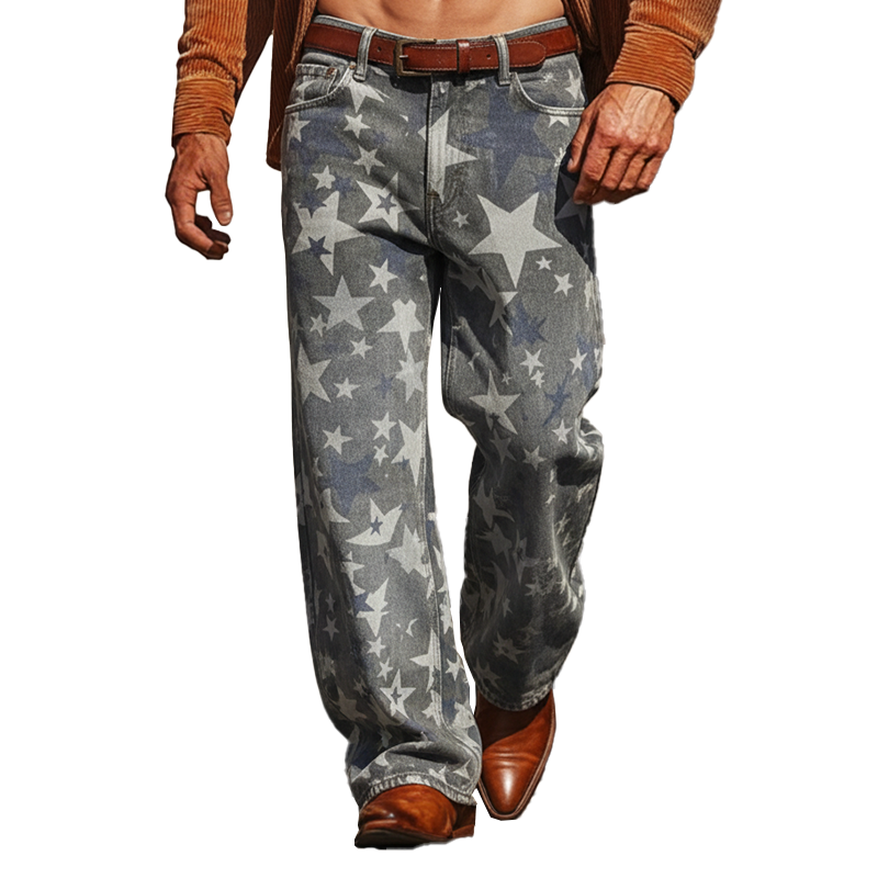 Men's Retro Star Print Twill Cotton Casual Pants MTA1042K2P