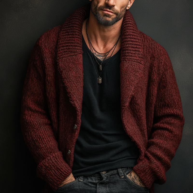 Men's Retro Dark Red Collar Button-Down Knit Cardigan MTA1248K8U