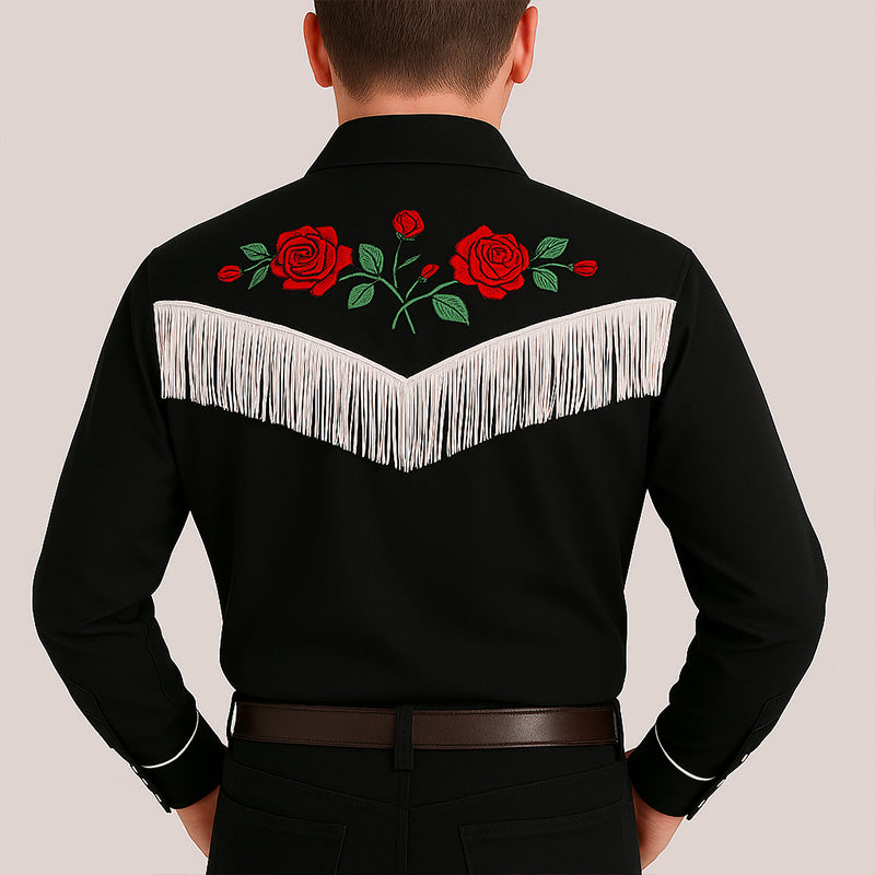 Men's Western Cowboy Style Embroidered Tassel Long Sleeve Casual Shirt MTA1901E1P