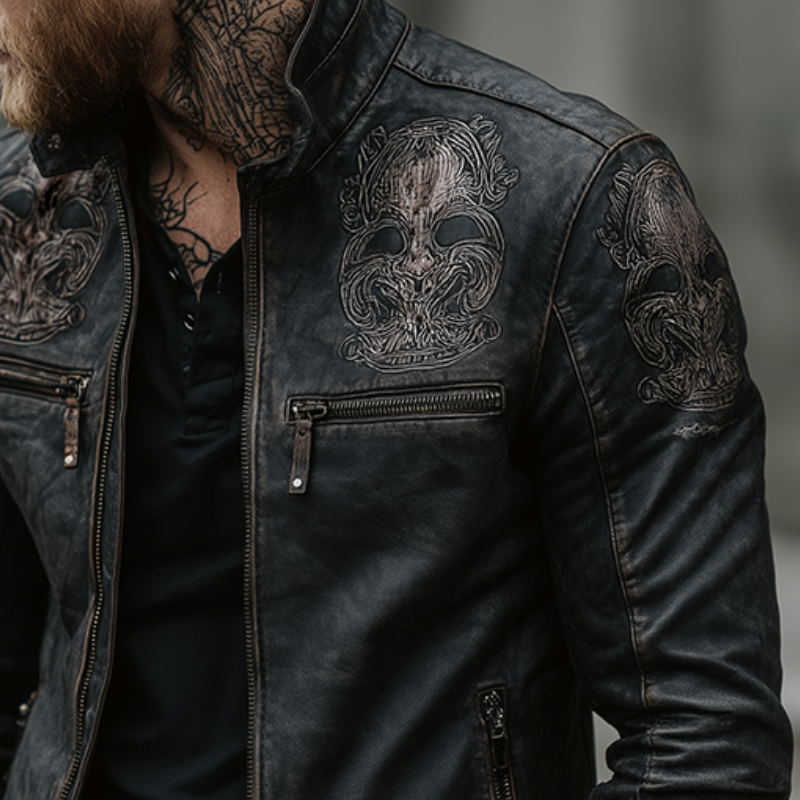 Men's Retro Casual Distressed Skull Print Stand Collar Zipper Leather Biker Jacket MTA2888H1TO