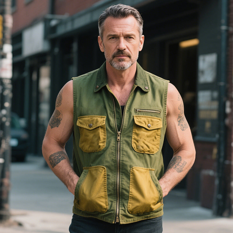 Men's Retro Casual Outdoor Street Cotton Colorblock Washed Multi-Pocket Lapel Zipper Vest MTA1405E5TO