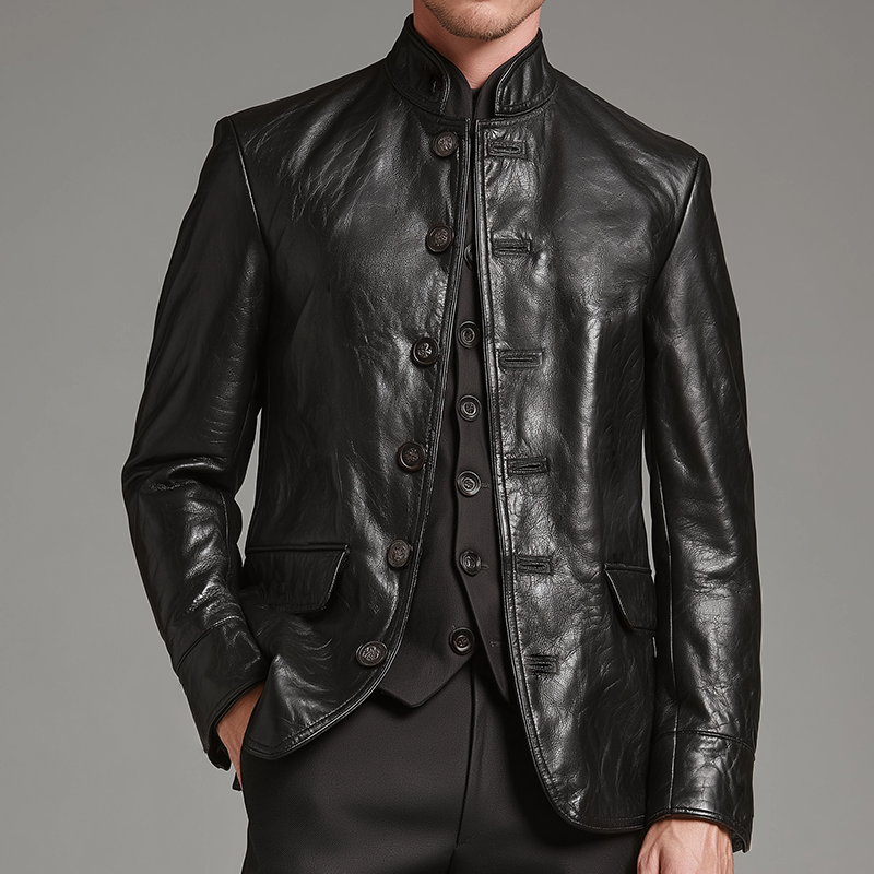 Men's Retro Casual Solid Color PU Stand Collar Leather Jacket MTA1158K8TO