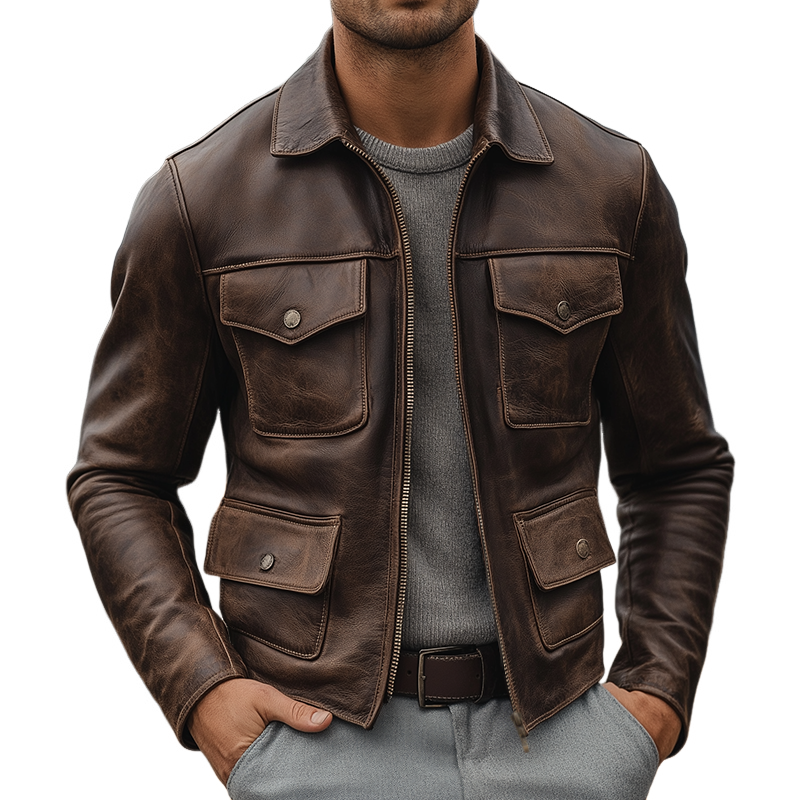 Men's Vintage Casual Faux Leather Multi-Pocket Lapel Zipper Jacket MTA1720I2TO