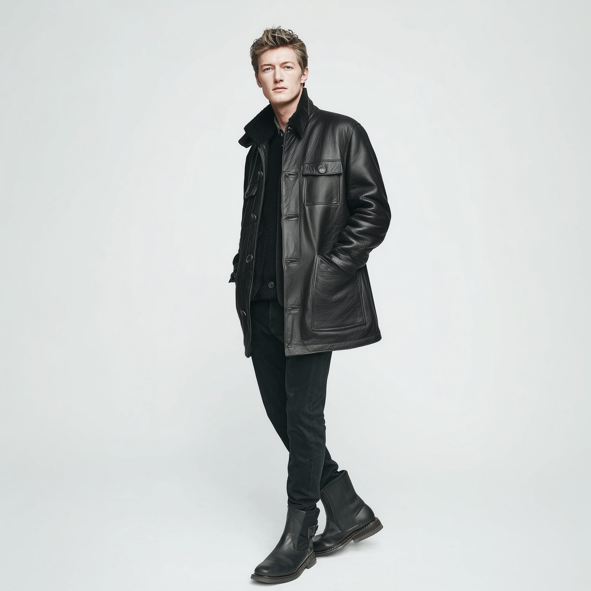 Men's Classic Vintage Polar Fleece Collar Multi-pocket PU Leather Jacket MTA1326I8K