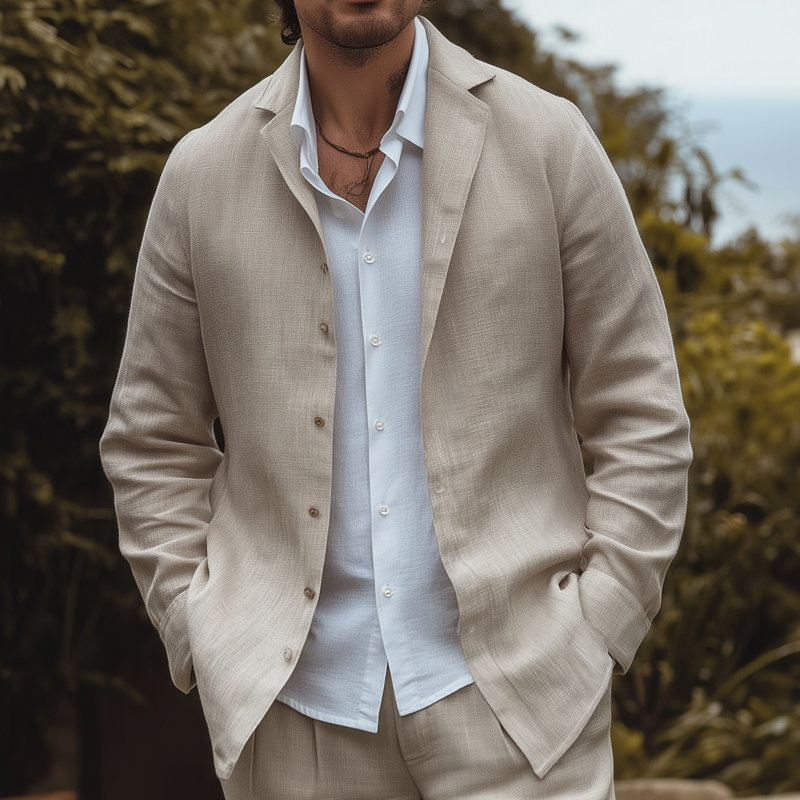 Men's Casual Solid Color Breathable Linen Cuban Collar Single Breasted Loose Long Sleeve Shirt MTA1525G1M