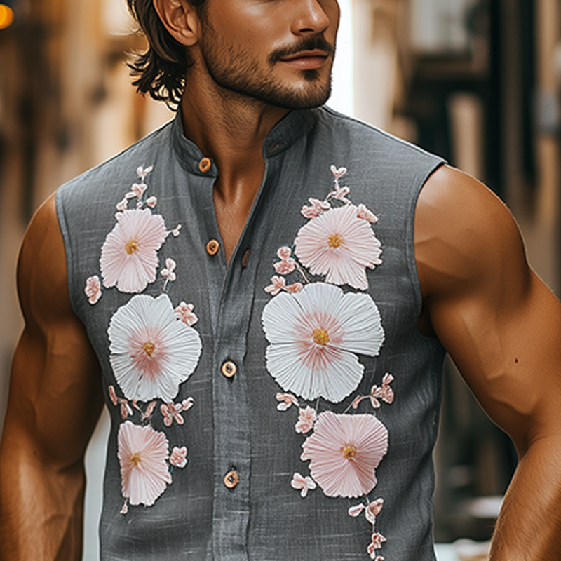Men's Spring And Summer Casual Sicily Style Stand-up Collar Towel Embroidery Cotton And Linen Slim Sleeveless Shirt MTA1012F4K