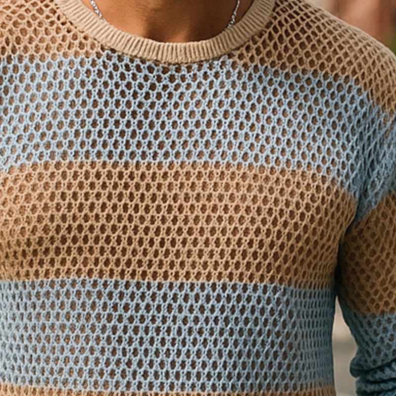 Men's Summer Fashion Breathable Ice-Cool Silk Knitted Hollow Long-Sleeved T-Shirt MTA2695E0P