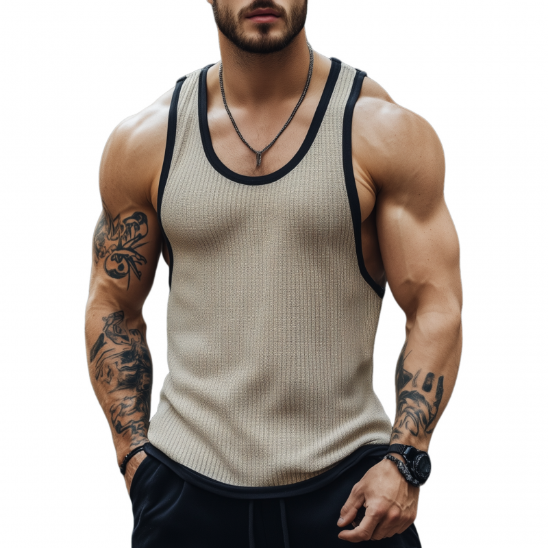 Men's Casual Breathable Cotton Blended Ribbed Contrast Trim Slim Fit Tank Top MTA1117F2M