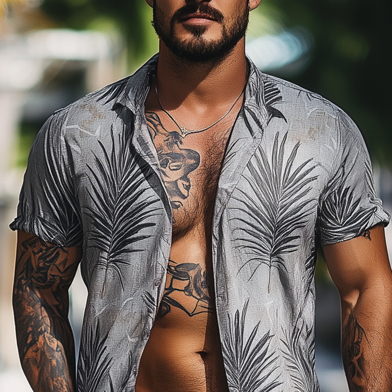 Men's Fashion Coconut Leaves Lapel Short Sleeve Casual Shirt MTA1491E6Z