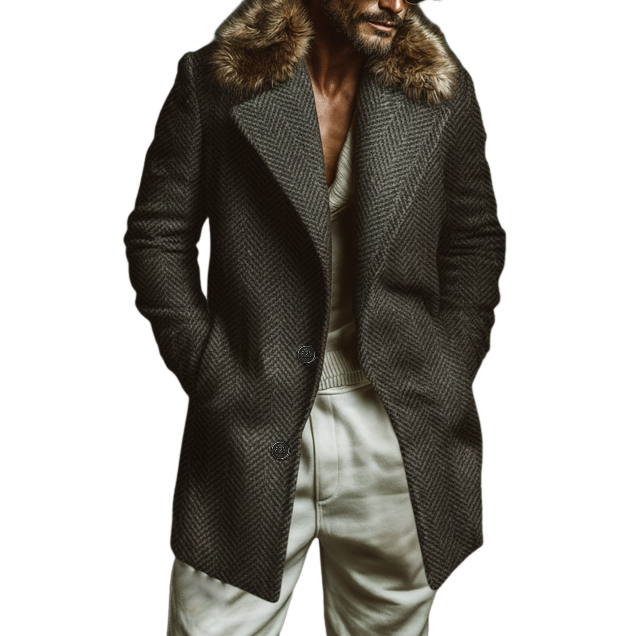 Men's Classic Casual Fur Collar Faux Herringbone Wool Single-breasted Coat MTA3010J1K