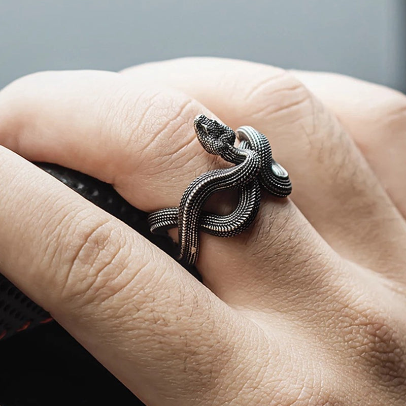 Men's Retro Punk Style Three-Dimensional Python S925 Silver Adjustable Ring MTA3029F5M