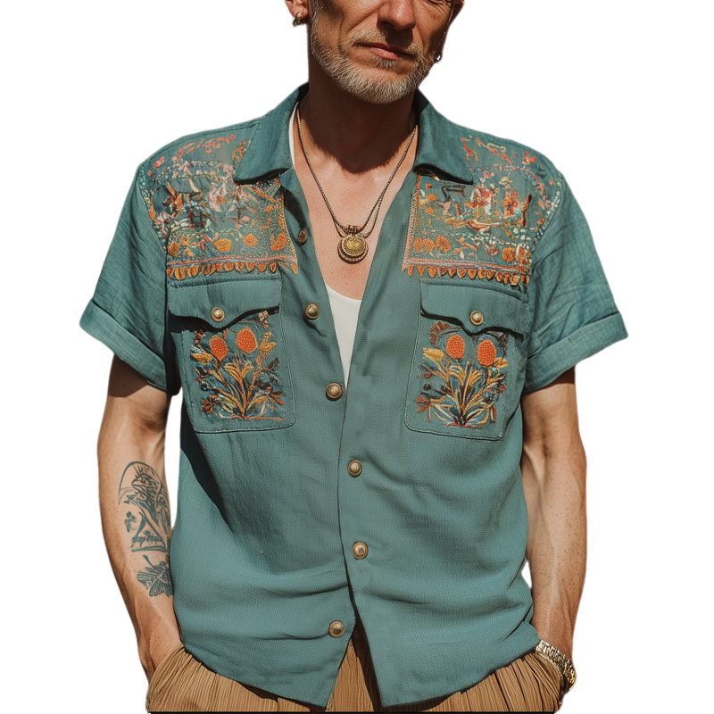 Men's Summer Exquisite Multicolor Embroidered Short Sleeve Shirt MTA1790F0U