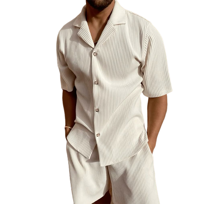Men's Summer Classic Solid Color Corduroy Short-Sleeved Shirt And Shorts Set MTA1634F3U
