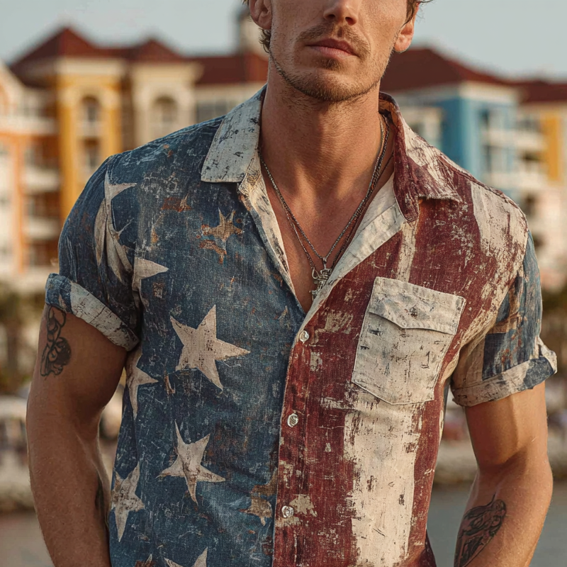Men's Vintage American Flag Print Short Sleeve Shirt MTA1127G0X
