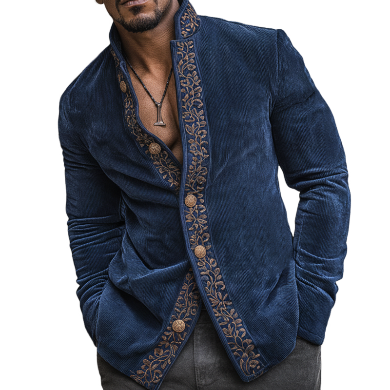 Men's Vintage Embroidered Corduroy Stand-collar Long-sleeved Shirt MTA2146K4U