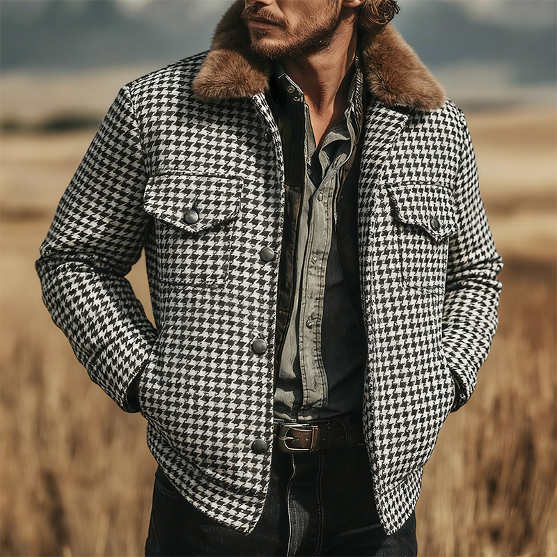 Men's Retro Casual Houndstooth Fur Collar Jacket MTA2580K6TO