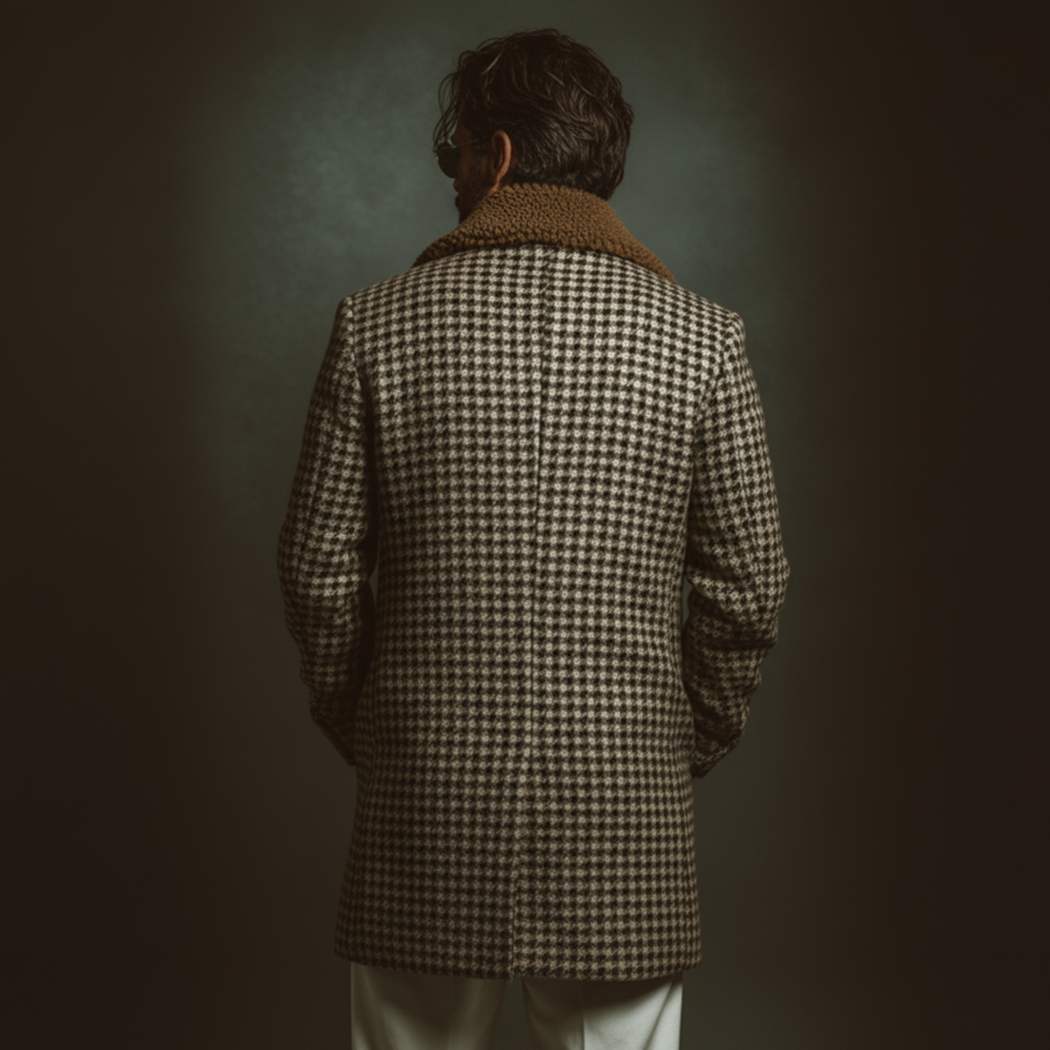 Men's Classic Retro Fleece Lapel Faux Houndstooth Wool Blend Thigh-length Coat MTA3152J1K