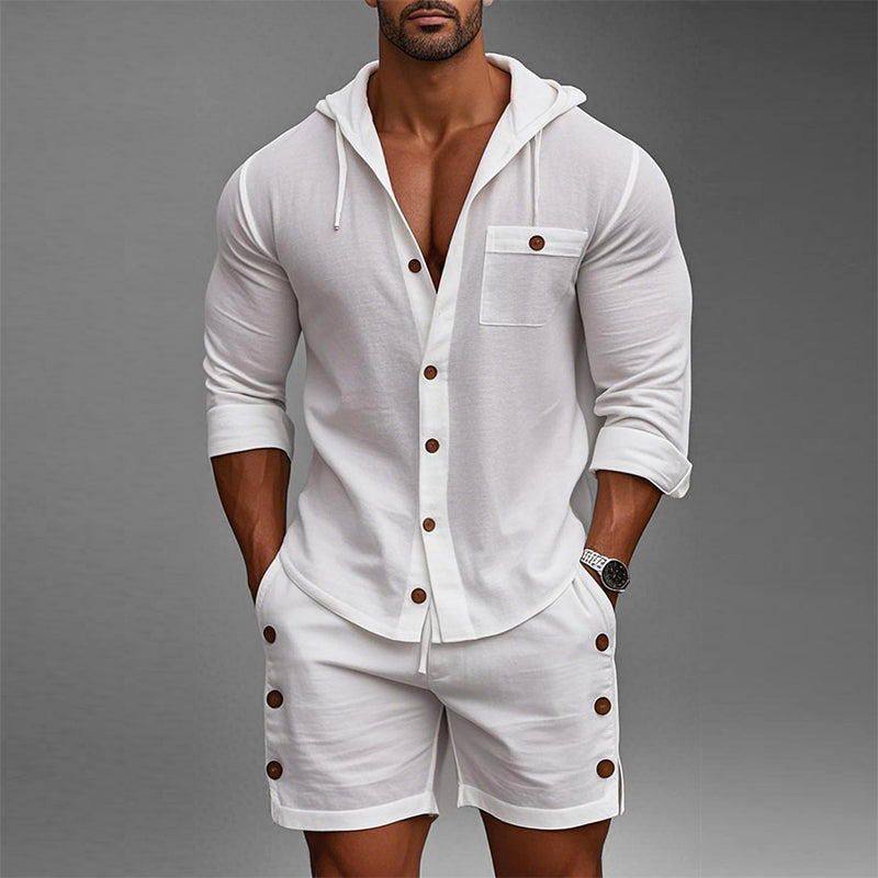 Men's Cotton and Linen Solid Color Long Sleeve Hoodie Shorts Two-piece Set MTA2990D5X