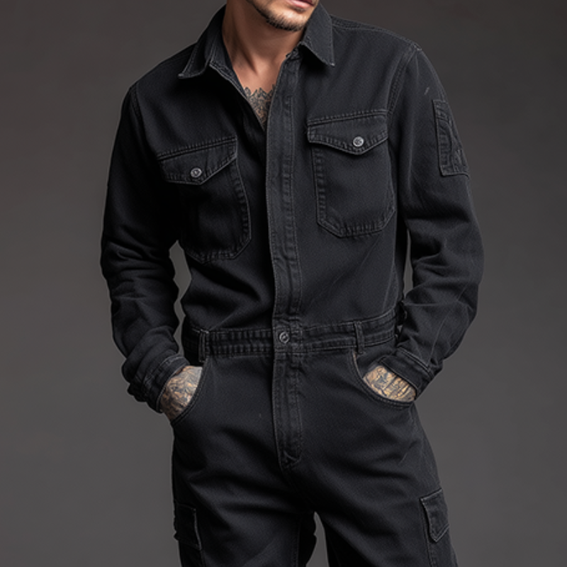 Men's Retro Casual Cotton Washed Lapel Long Sleeve Shirt Jumpsuit MTA0472H9TO