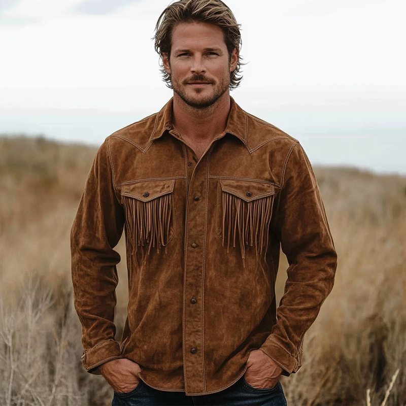 Men's Western Denim Tassel Pocket Faux Suede Long Sleeve Shirt MTA1999H1X