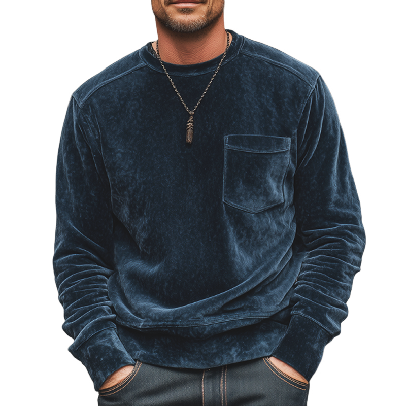 Men's Casual Navy Blue Velvet Crew Neck Sweatshirt MTA2127J6U