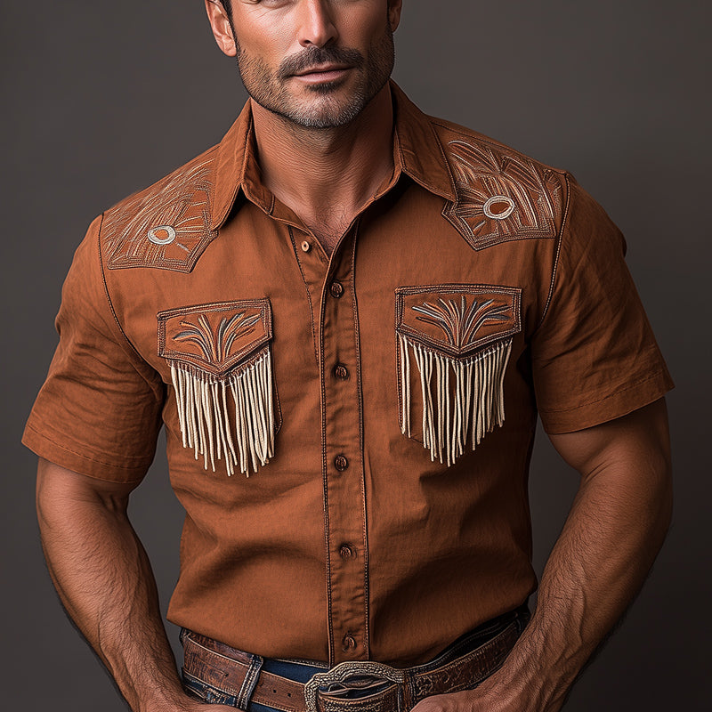 Men's Western Cowboy Style Vintage Embroidered Tassel Short Sleeve Shirt MTA0887E4U