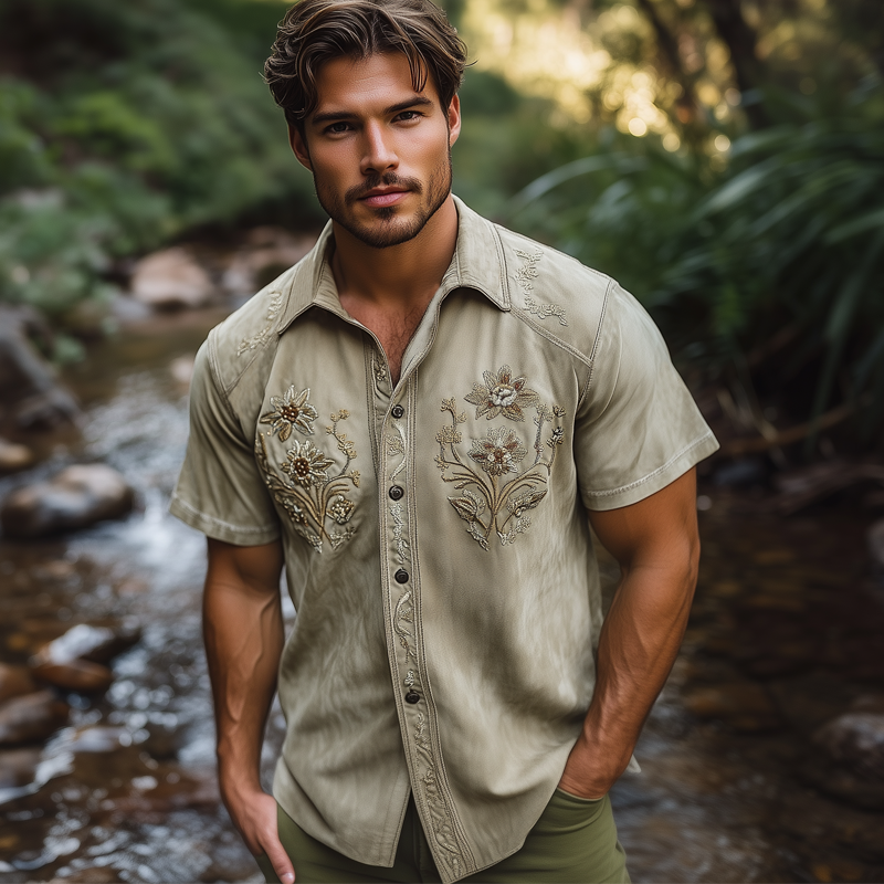 Men's Summer Floral Embroidered Suede Short Sleeve Shirt MTA0729F1U