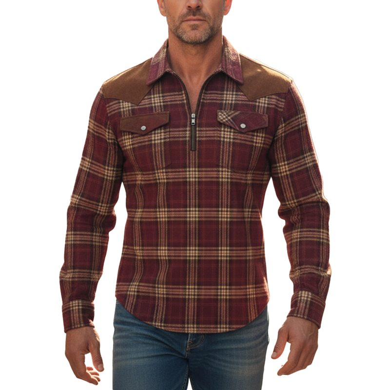 Men's Retro Plaid Faux Suede Appliqué Cotton Blend Half-Zip Shirt MTA2021K9P