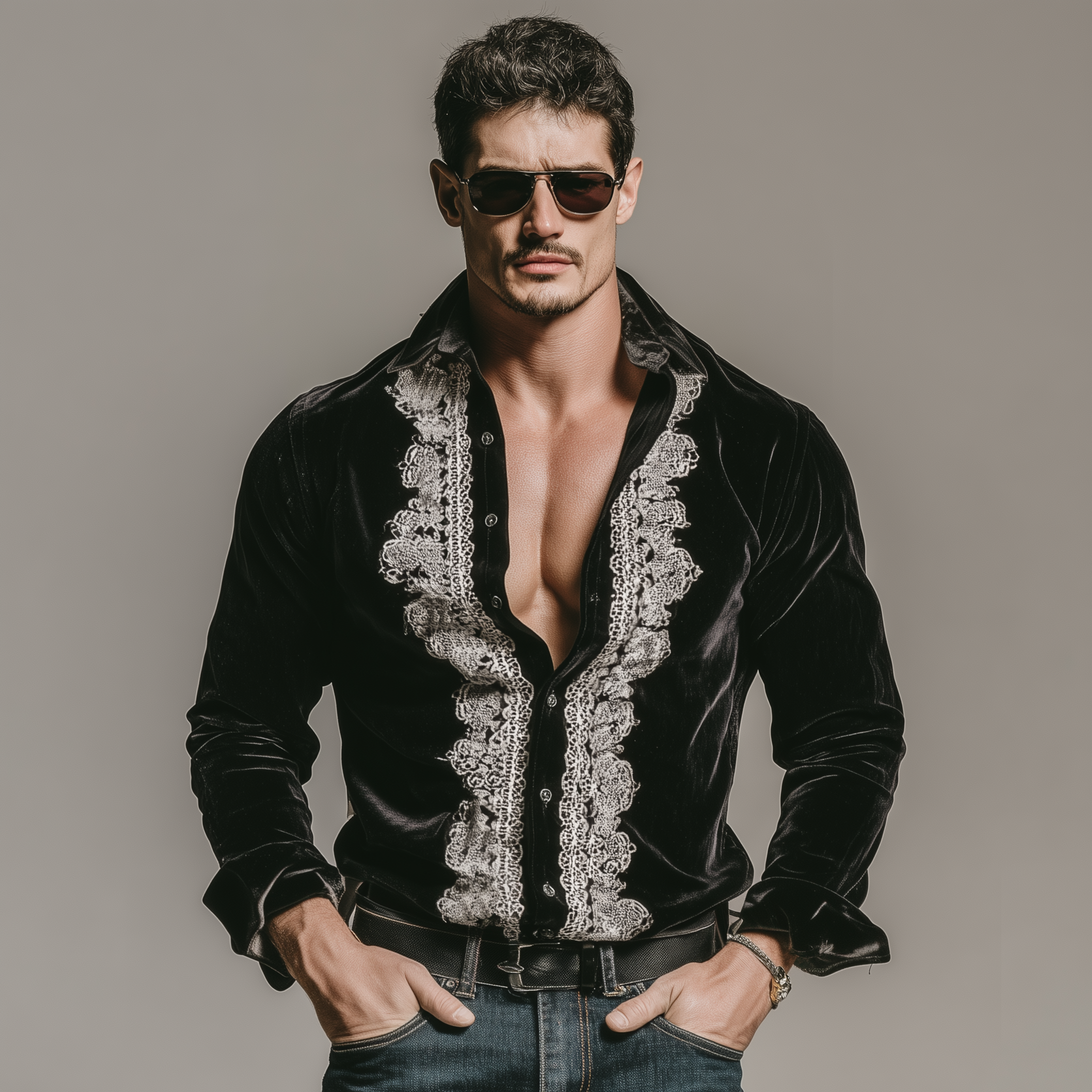 Men's Classic Vintage Lace-paneled Lapel Black Velvet Long-sleeved Shirt MTA2087L4K