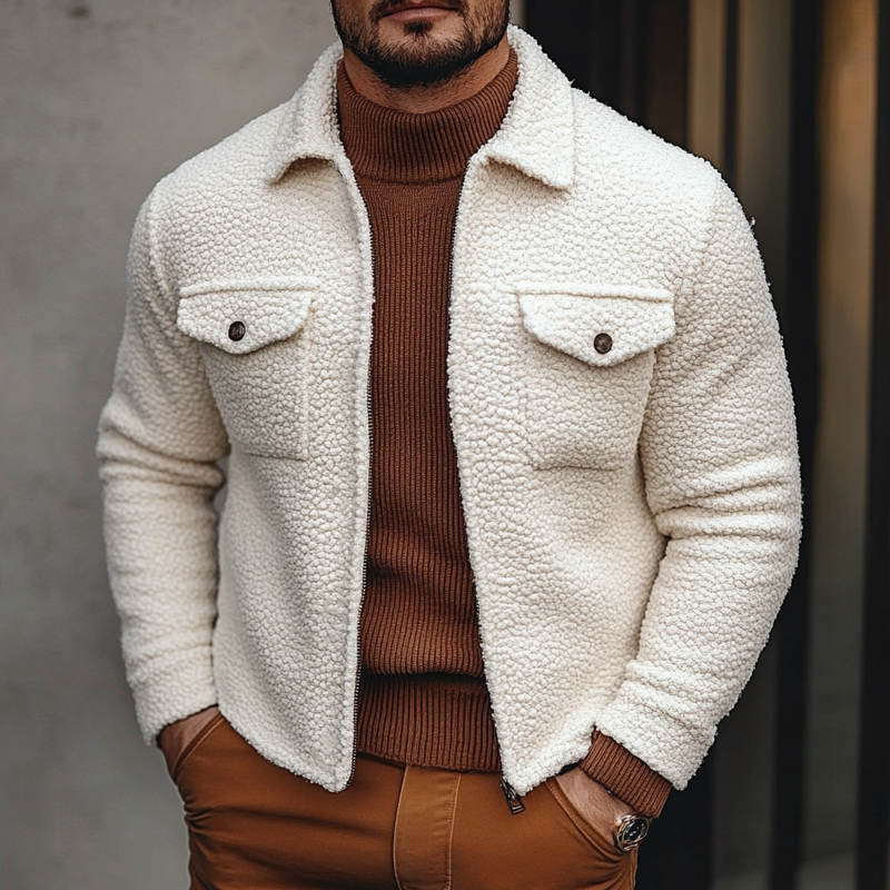 Men's Solid Color Fleece Lapel Button Jacket MTA2861K3X