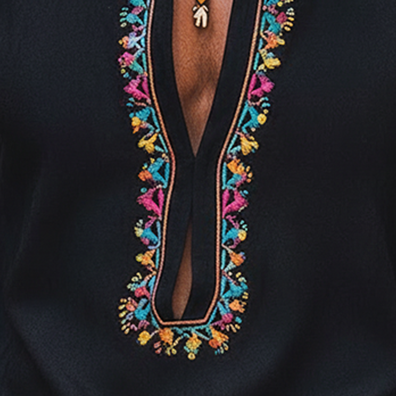 Men's Spring Fashion Embroidered U-neck Faux Suede Long-sleeved Shirt MTZ0837A0P