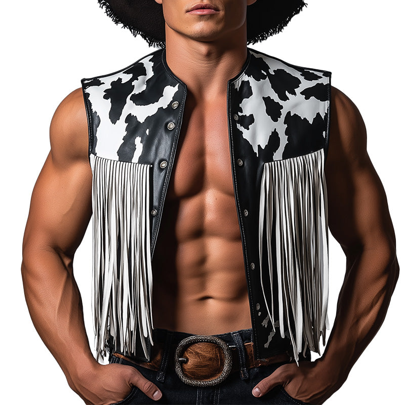 Men's Summer Western Cowboy Style Fringe Leather Vest MTA1459E7P