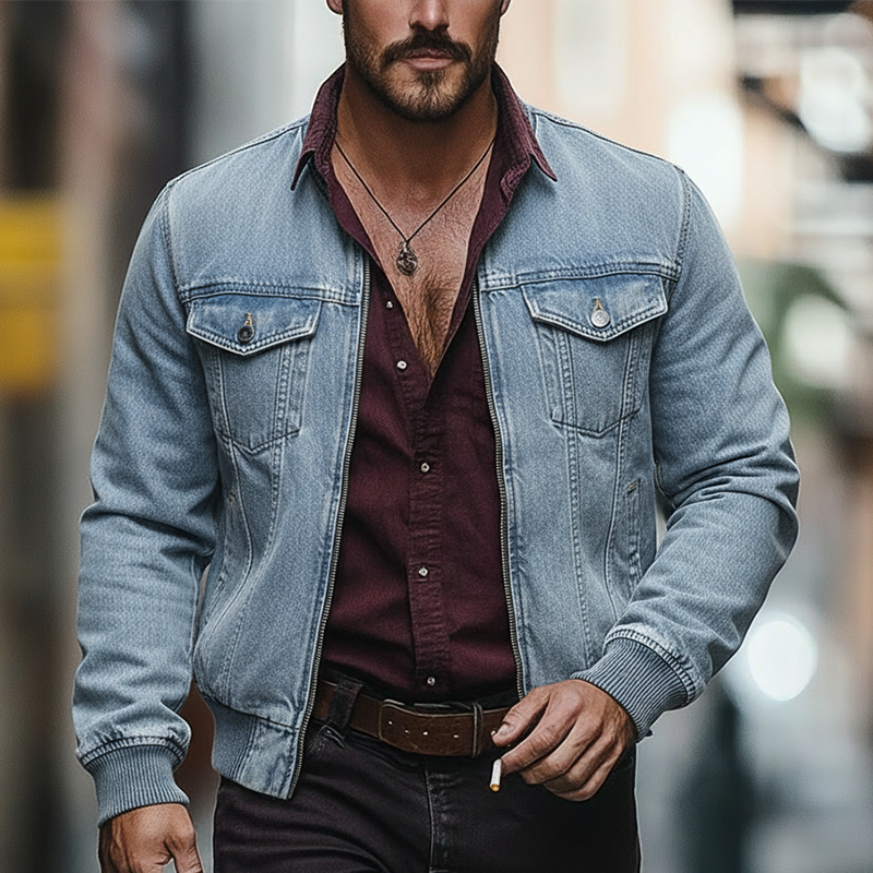 Men's Vintage Washed Denim Baseball Collar Jacket MTA1855L7P