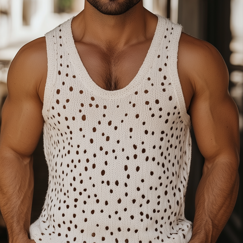 Men's Spring And Summer Fashion Casual U-neck Hollow Mesh Knitted Tank Top MTA2075F4K