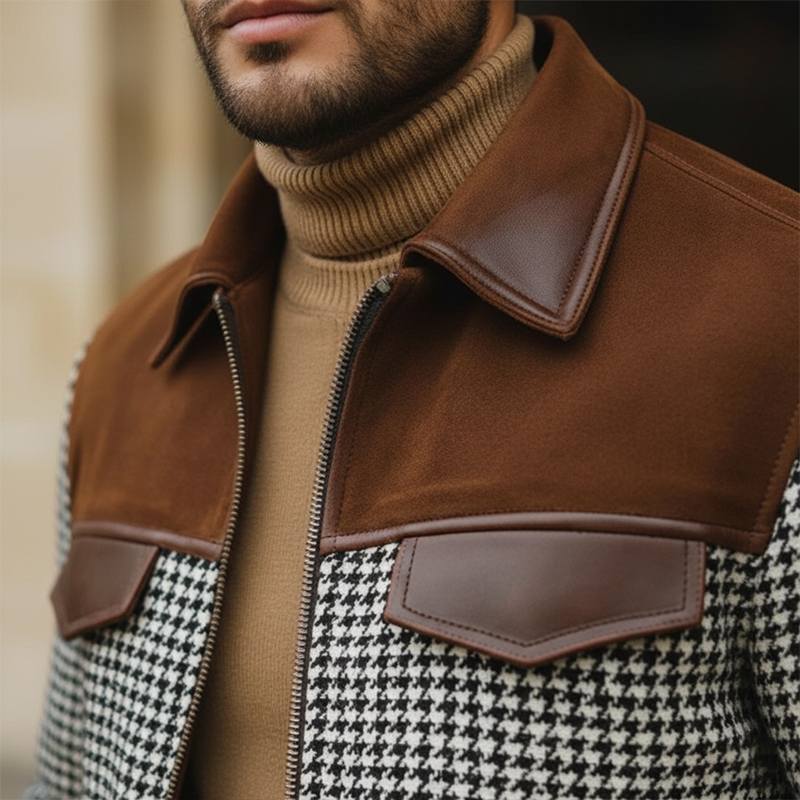 Men's Winter Retro Houndstooth Faux Suede Patchwork Jacket MTA1286K8P