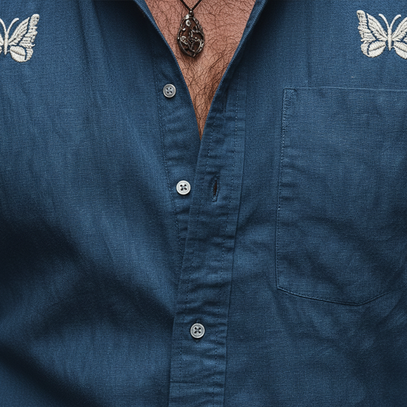 Men's Vintage Butterfly Embroidered Cotton And Linen Blend Long-sleeved Shirt MTA1671L0P