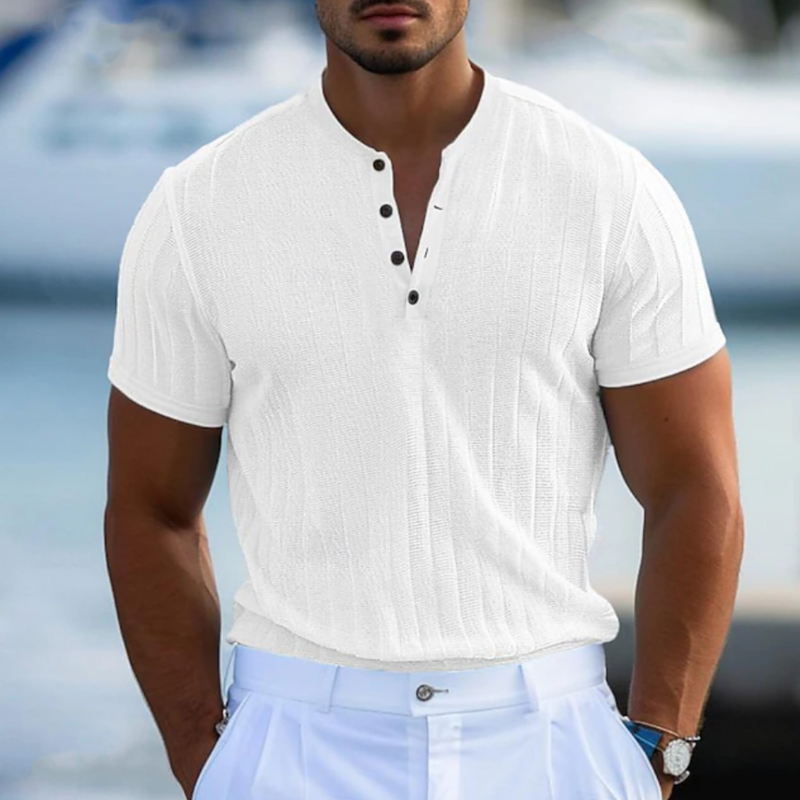 Men's Casual Breathable Solid Color Cotton Blend Henley Collar Slim Fit Short Sleeve T-Shirt MTA3052F3M
