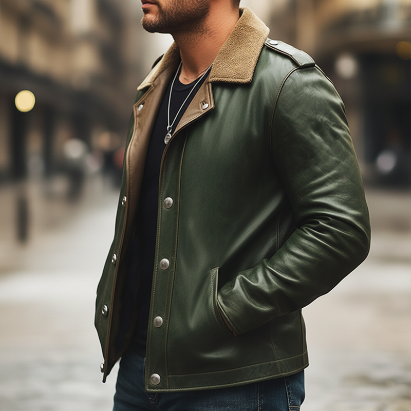 Men's Retro Snap Button Fleece Collar PU Leather Jacket MTA2947K8U